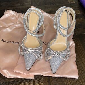 AUTHENTIC USED MACH & MACH Silver Glitter Double Bow Heels - Size 38